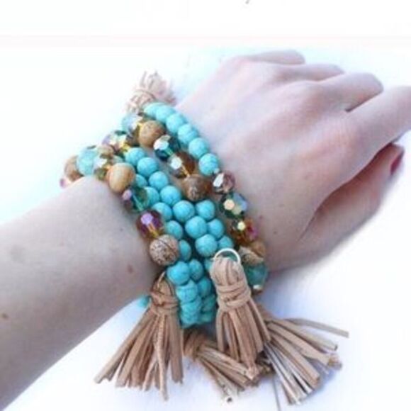 Twilight Gypsy Collective Beaded turquoise stretch bracelet Boho chic tassels - Picture 4 of 4